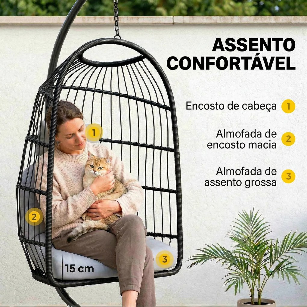 Cadeira Suspensa com Suporte Cesto Dobrável de Vime Almofada Grossa e Altura Ajustável 101x105x196 cm Cinza Claro