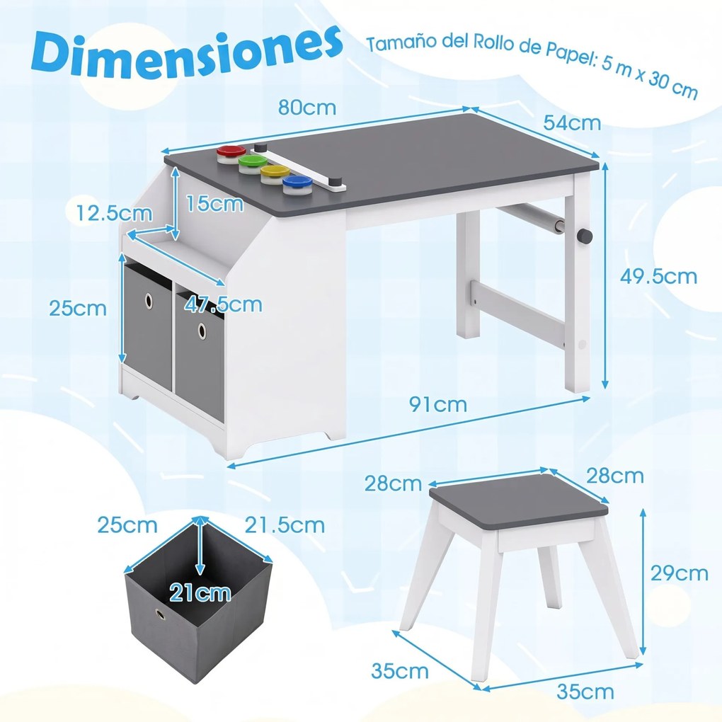 Conjunto de Mesa de Arte Infantil e Banco, 91 x 54 x 49,5 cm, Com Rolo de Desenho, Cinzento + Branco