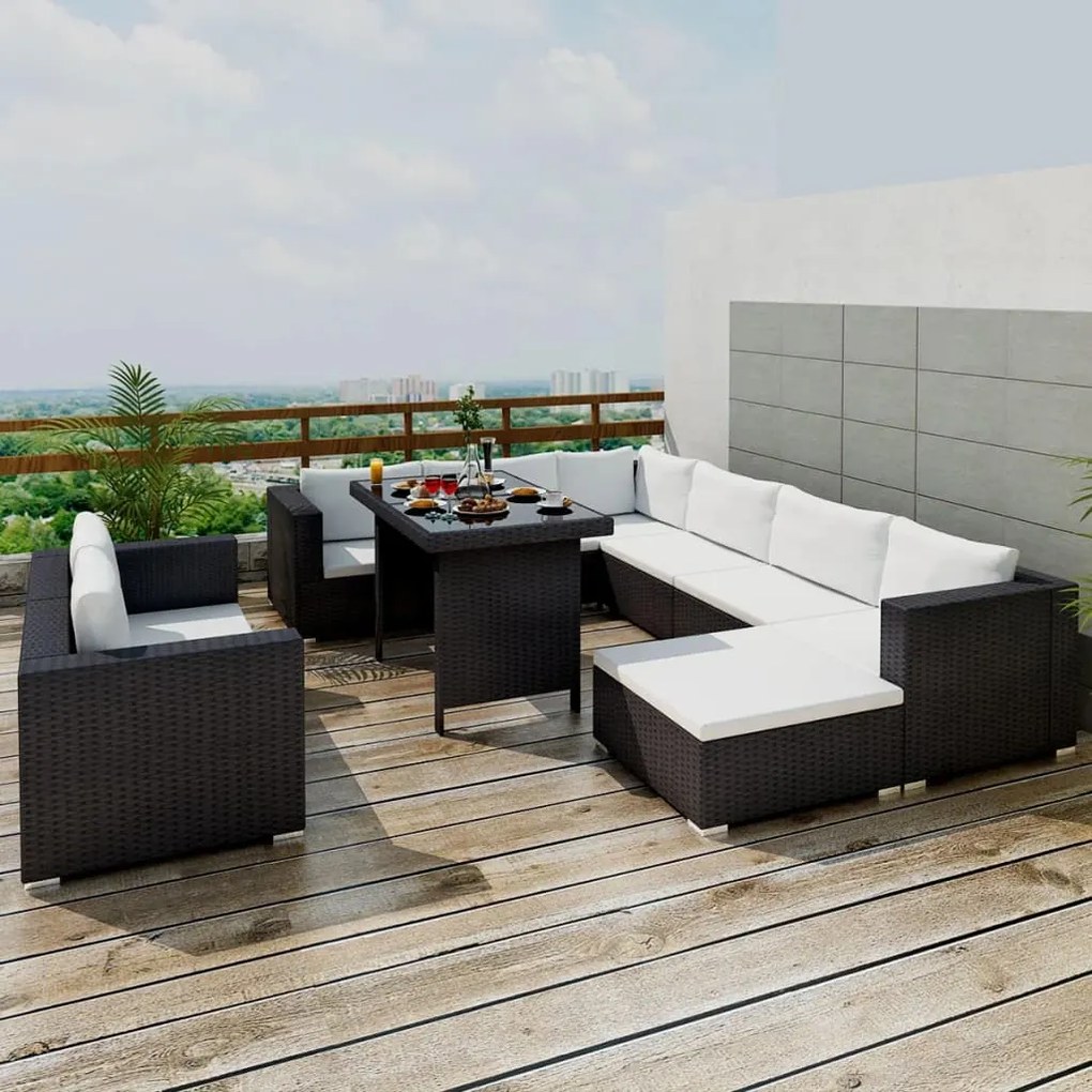 vidaXL 10 pcs conjunto lounge de jardim c/ almofadões vime PE preto