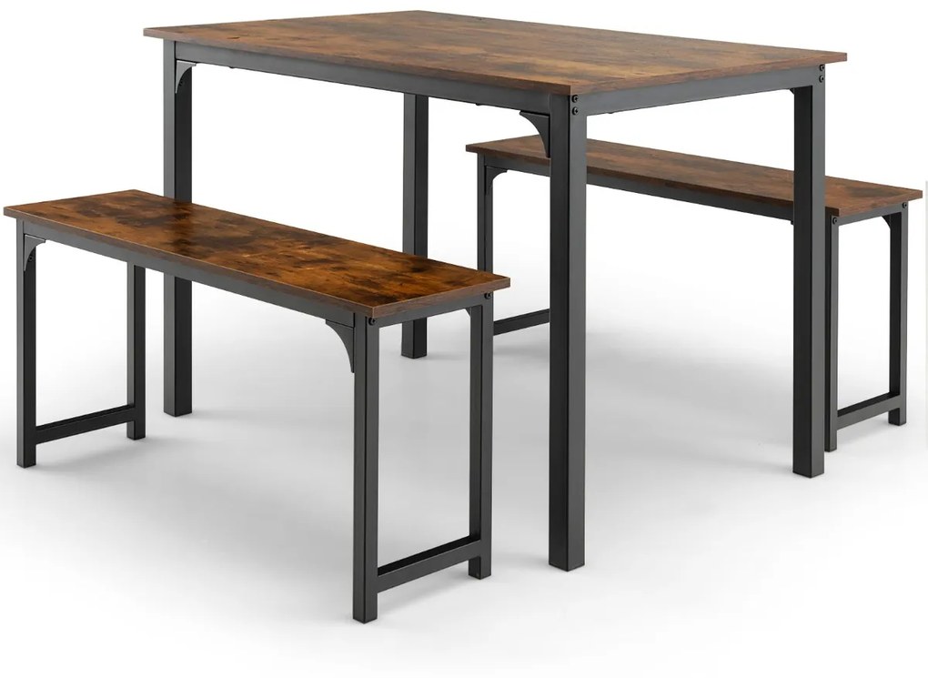 Conjunto de mesa de jantar de 3 peças com estrutura de metal e 2 bancos para 2-4 pessoas móveis de mesa para cozinha Castanho + Preto