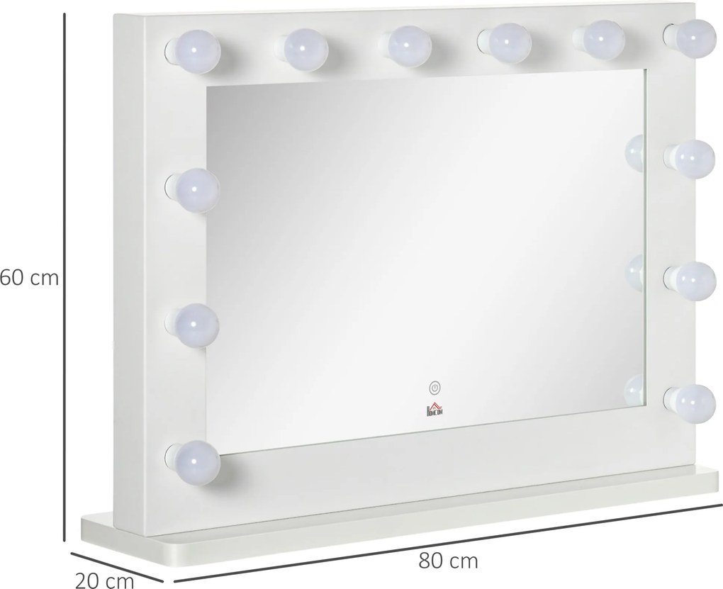 Espelho de maquilhagem Hollywood iluminado com 12 LEDs táteis - luminosidade ajustável, função de memória - metal, MDF branco e vidro