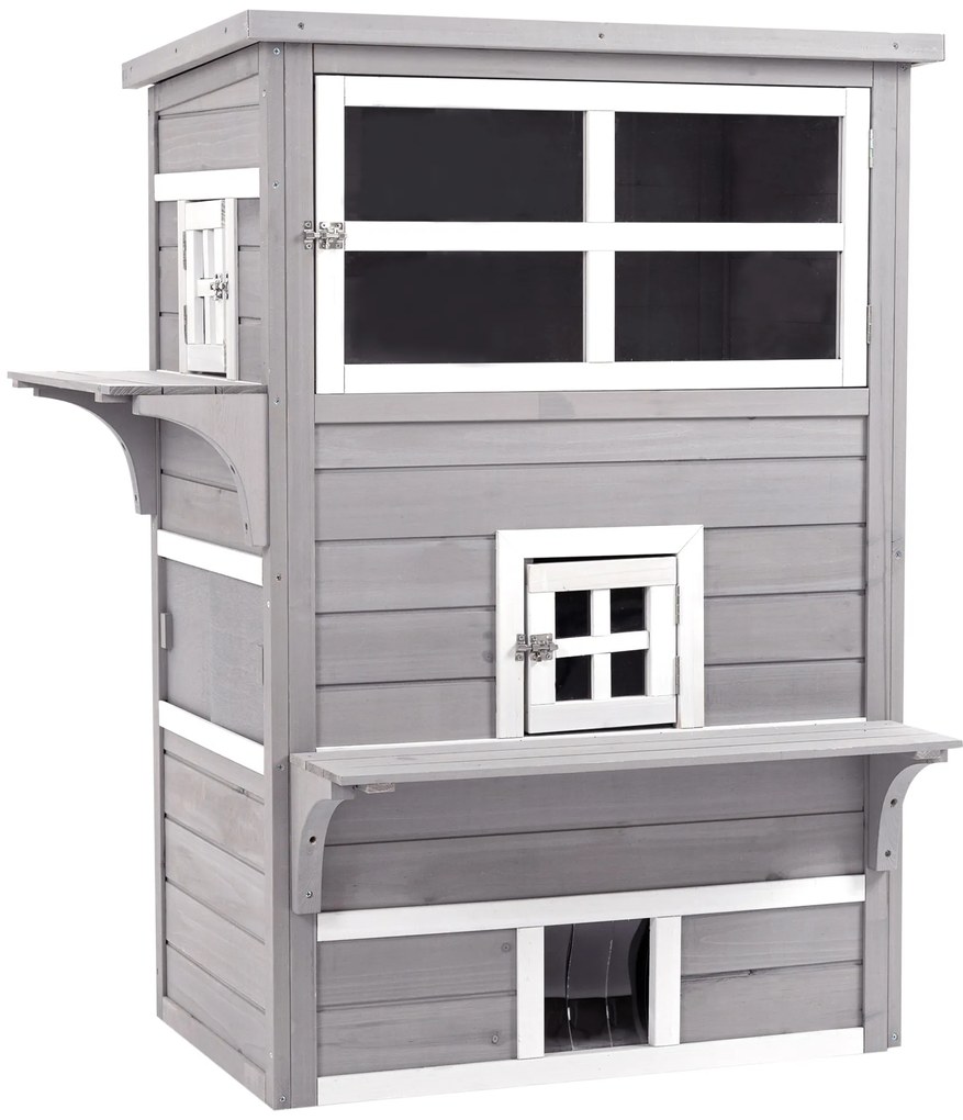PawHut Casa para Gatos de Madeira Exterior Casa Grande para Gatos de 3 Andares com Múltiplas Entradas Janelas 98x68,5x122cm Cinza | Aosom Portugal