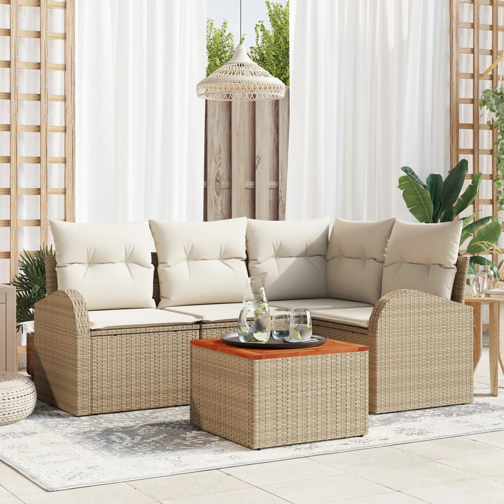 vidaXL Conjunto de Sofá de 5 Peças para Jardim com Almofadas Bege Polirattan Acácia