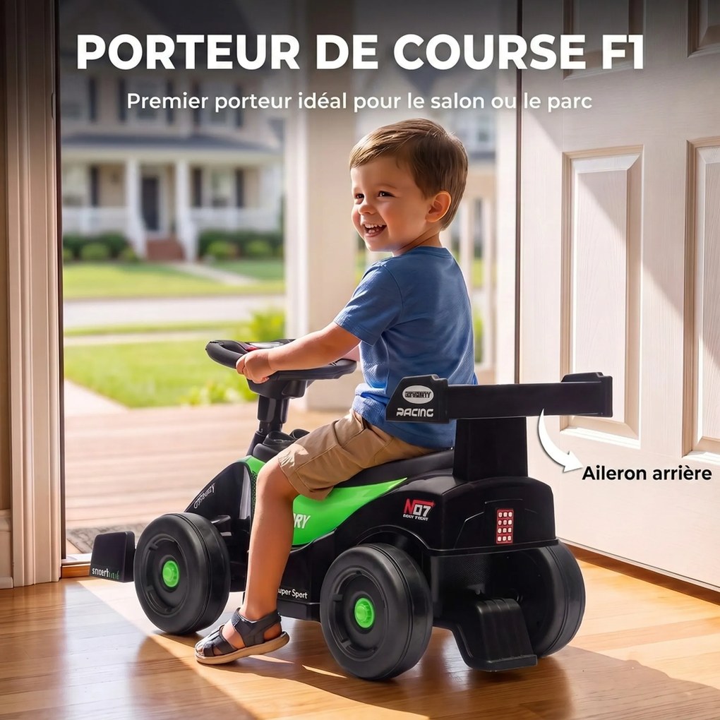Andarilho para crianças F1, veículo para empurrar com volante musical, rodas silenciosas e porta-bagagens, 18-36 meses, verde