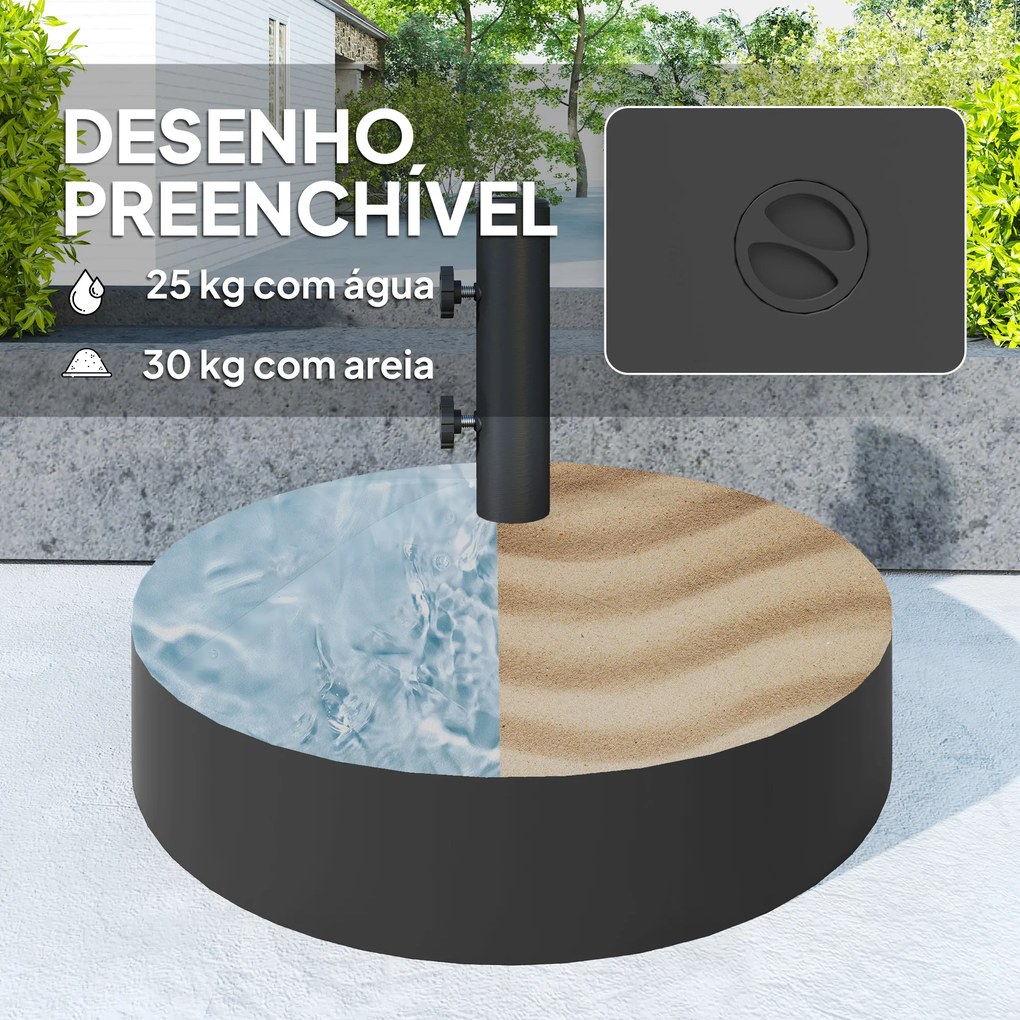 Base para Chapéu de Sol Redonda Suporte para Chapéu de Sol Preenchível com Água 25L ou Areia 30kg Ø56x40 cm Preto