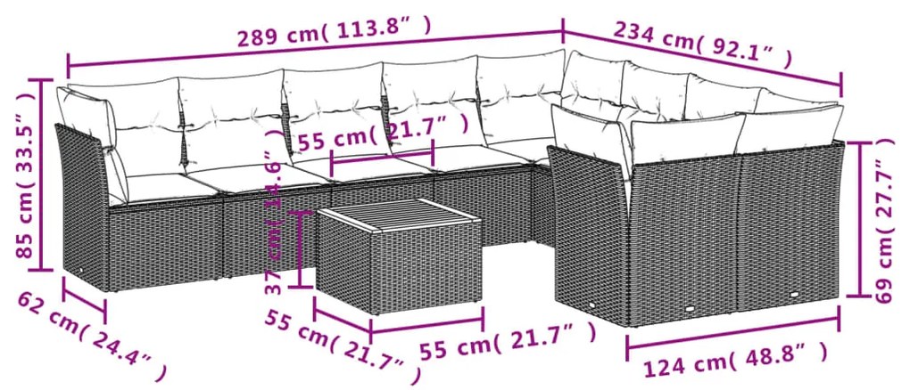 10 pcs conjunto sofás p/ jardim c/ almofadões vime PE cinzento