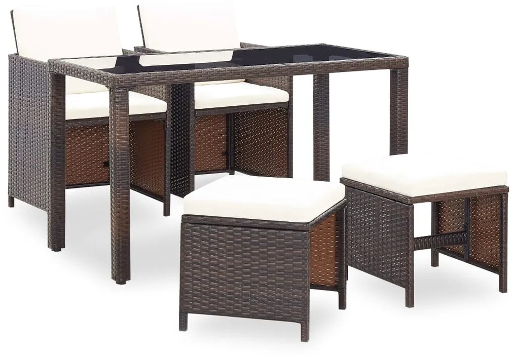 vidaXL 5 pcs conjunto de jantar exterior c/ almofadões vime castanho
