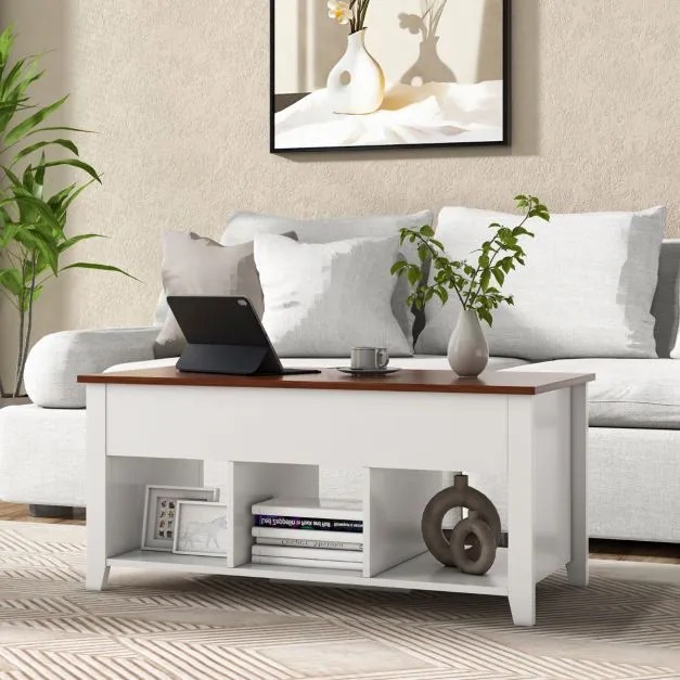 Mesa de centro de madeira elevável multifuncional com 3 prateleiras abertas para sala de estar 105 x 52 x 49 cm branca