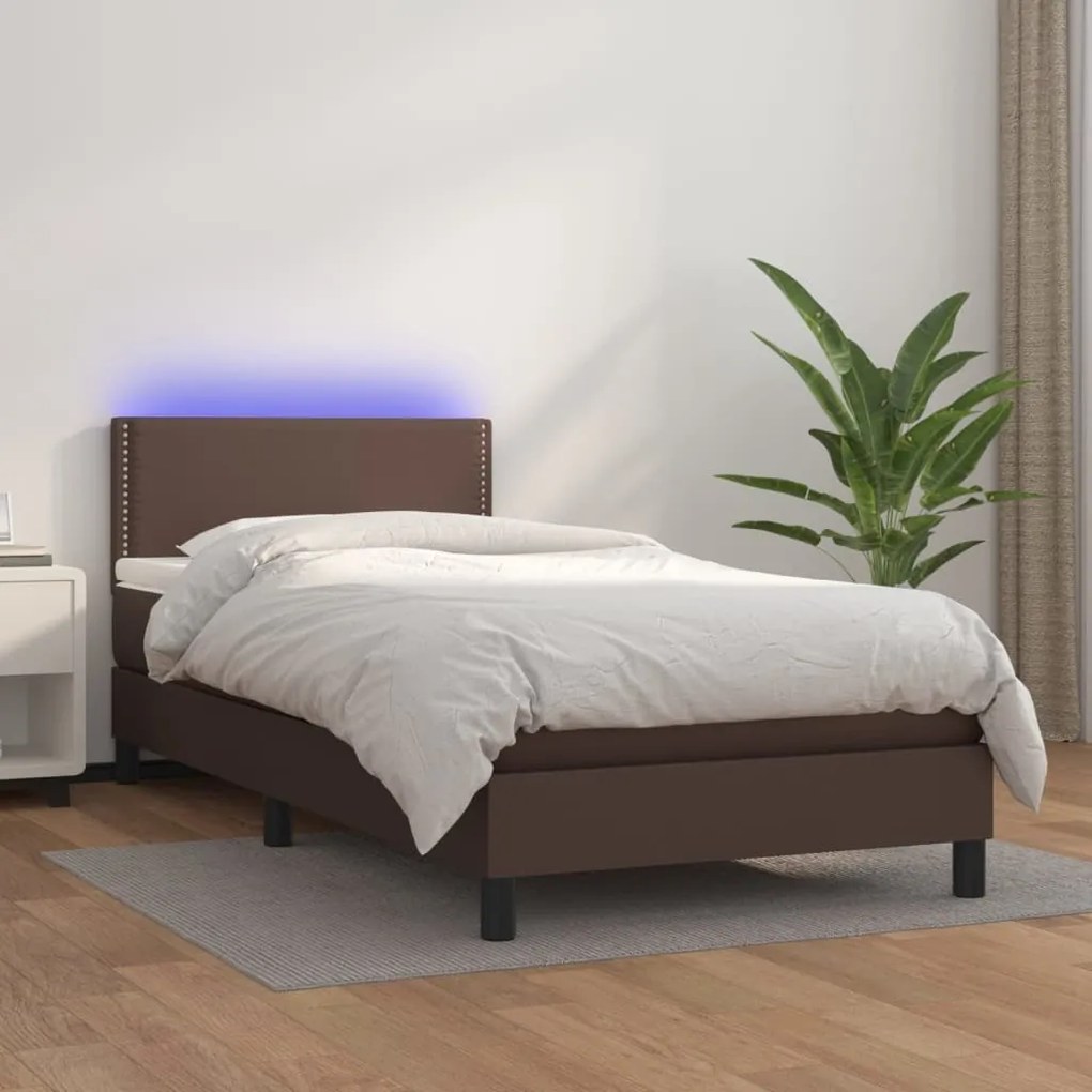 vidaXL Cama box spring c/ colchão/LED 100x200 cm couro artif. castanho