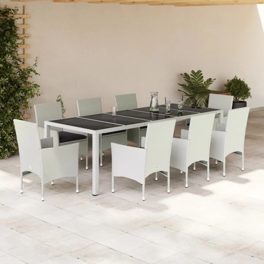 vidaXL 9 pcs conjunto jantar jardim c/ almofadões vime PE/vidro branco