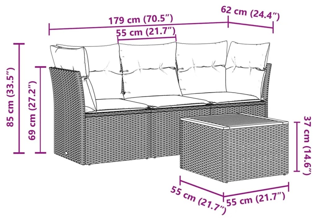 4 pcs conjunto sofás de jardim c/ almofadões vime PE cinzento