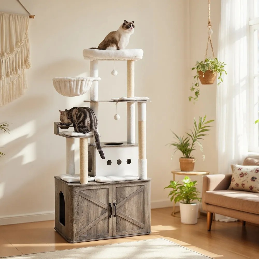 Arranhador de gatos 2 em 1 com cavidade para descansar 80 x 49 x 170 cm cinza-bege