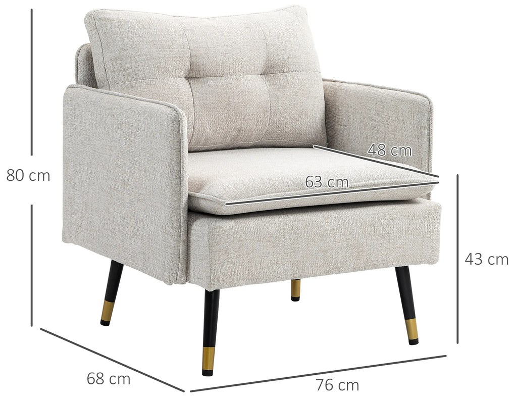 Poltrona Sala de Estar Poltrona Relax com Apoio para os Braços Assento Acolchoado e Pés de Aço 76x68x80 cm Creme
