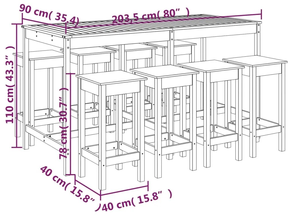 9 pcs conjunto de bar para jardim pinho maciço