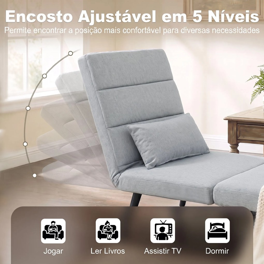 Cadeirão-Cama Dobrável 3 em 1 em Tecido Tipo Linho com Encosto Ajustável e Almofada com Capa Lavável 67x73x96 cm Cinza-Claro
