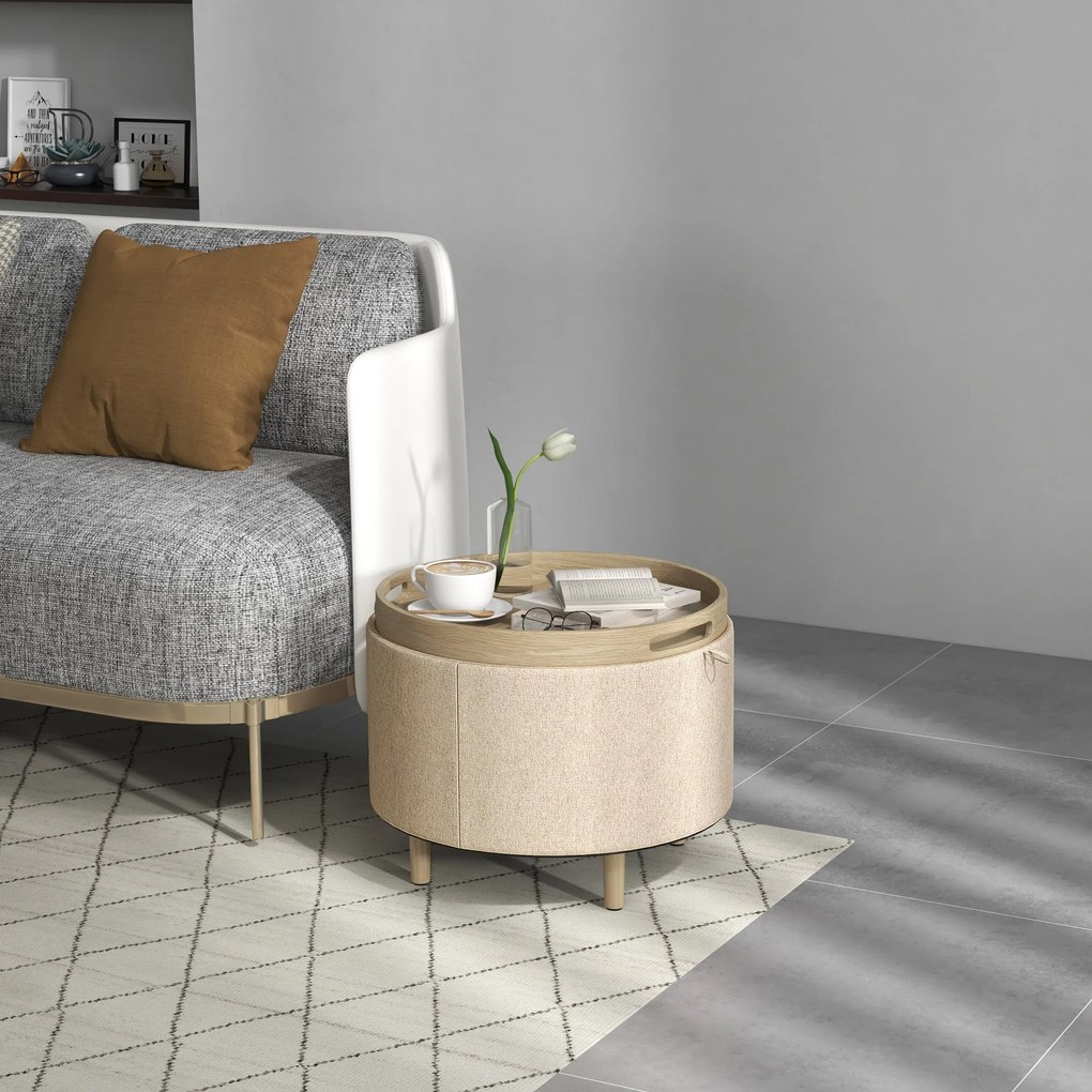 Pufe redondo, apoio para os pés 56 L x 56 P x 42 A cm e banco com compartimento de arrumação, tabuleiro reversível, móvel 3 em 1 com pernas em madeira