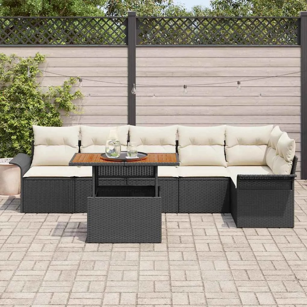 Conjunto de Jantar para Jardim 7 Peças com Almofadas Pretas de Rattan
