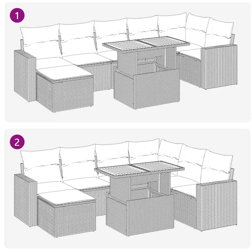 8 pcs conjunto sofás de jardim c/ almofadões vime PE cinzento