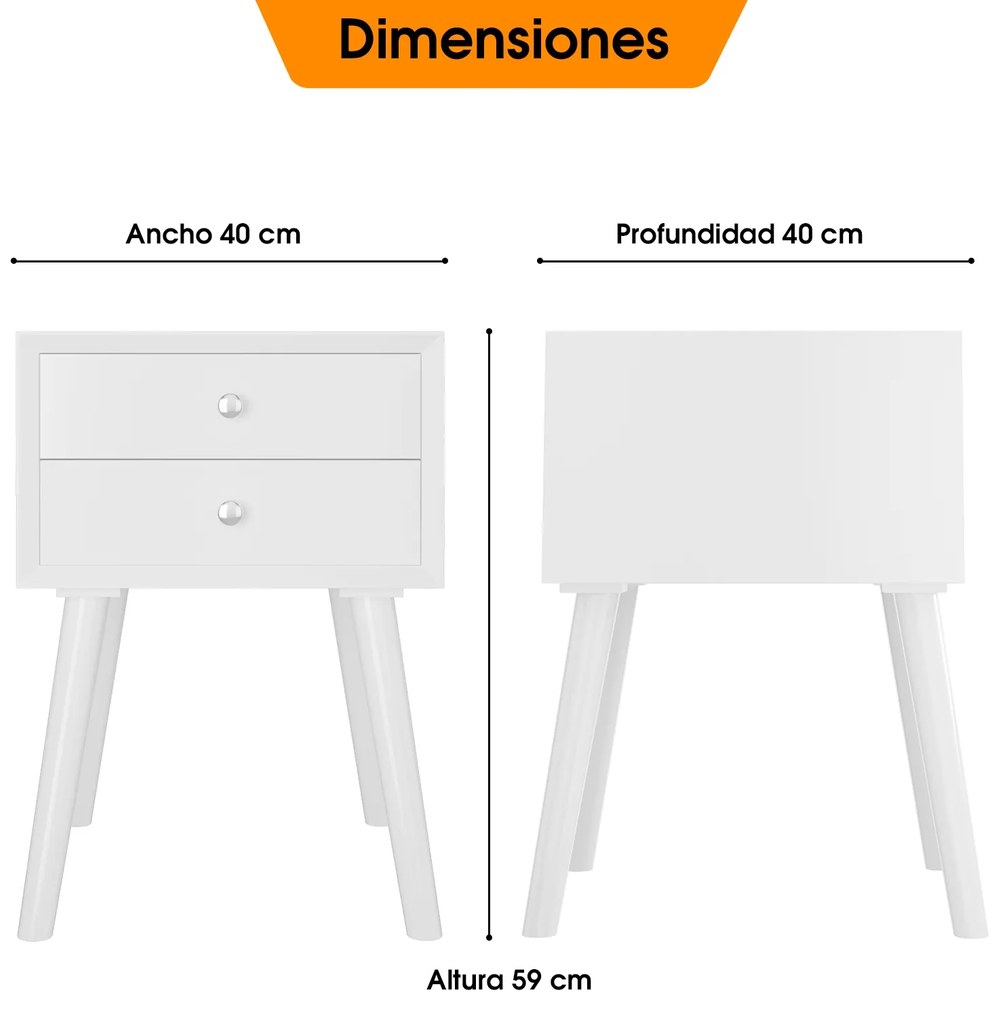 Mesa de cabeceira com 2 gavetas Mesa de cabeceira multiusos em madeira para quarto de dormir Sala de estar 40 x 40 x 59 cm Branco
