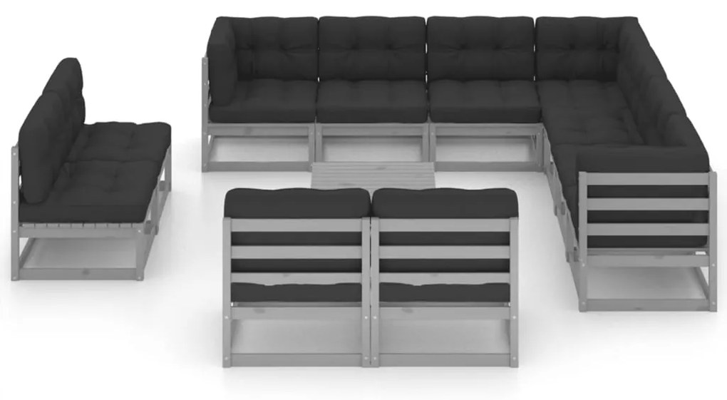 12pcs conjunto lounge de jardim + almofadões pinho maciço cinza