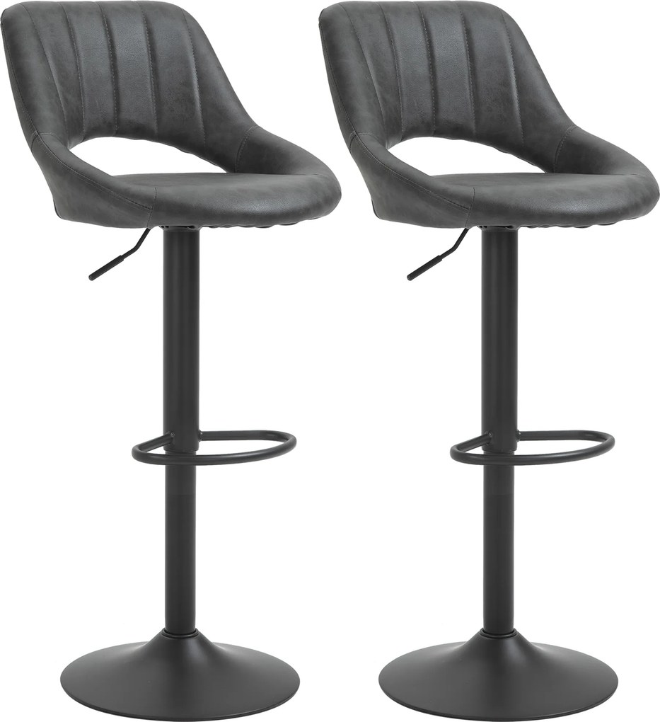 HOMCOM Conjunto de 2 Banquetas, Aparência de couro, Giráveis, Reguláveis em altura, Apoio para os pés, Estrutura metálica, 47 x 52 x 87-109 cm, Cinza | Aosom Portugal
