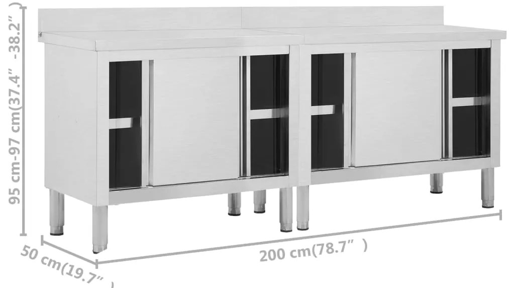 Mesas trabalho c/ portas correr 2pcs 200x50x(95-97)cm aço inox.