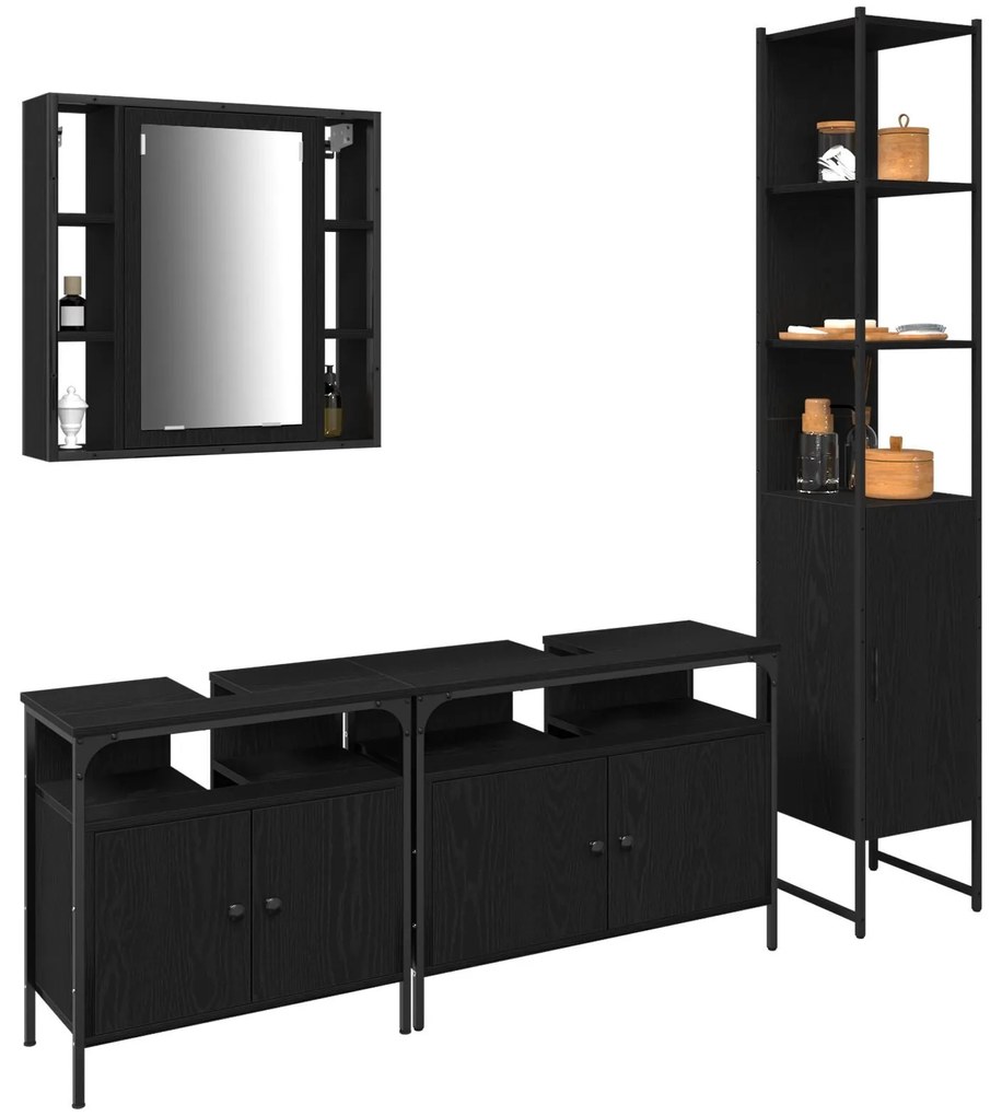 Conjunto de Móveis para Banheiro de 4 Peças Carvalho Preto Madeira Eng