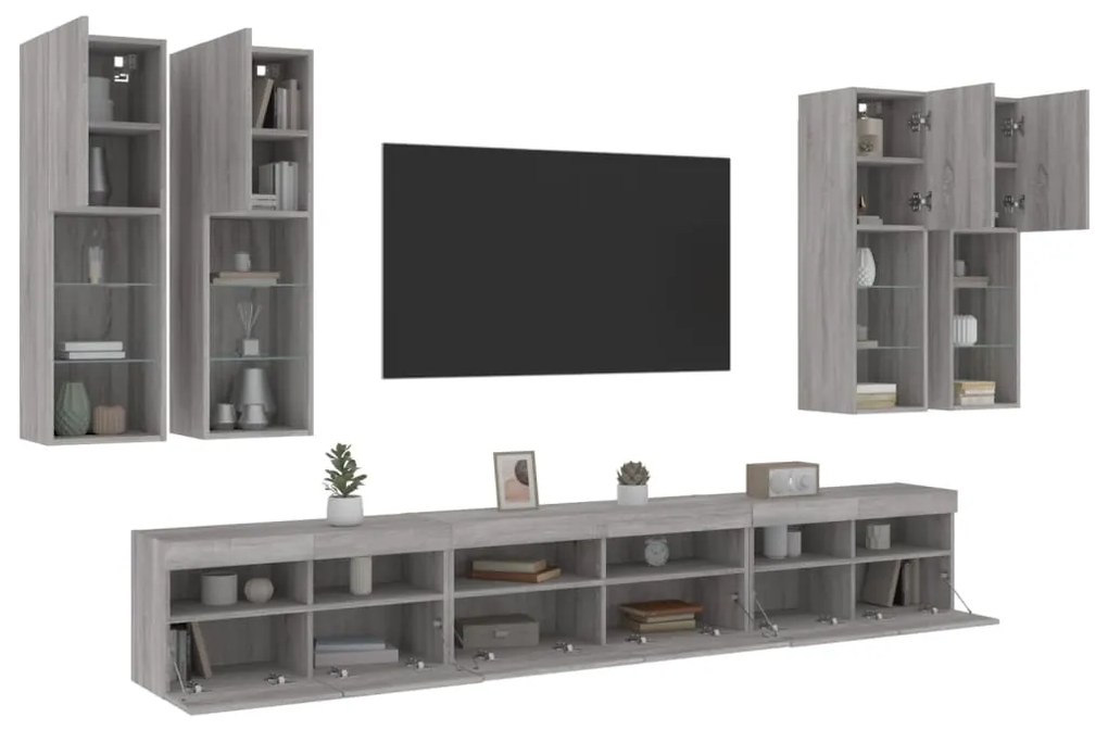 vidaXL 7 pcs conj. móveis de parede p/ TV c/ luzes LED cinzento sonoma