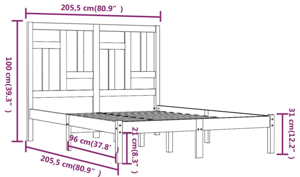 Estrutura de cama 200x200 cm pinho maciço preto