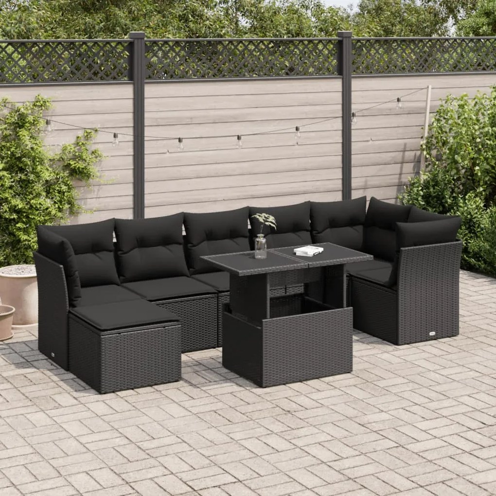 vidaXL 8 pcs conjunto sofás de jardim com almofadões vime PE preto
