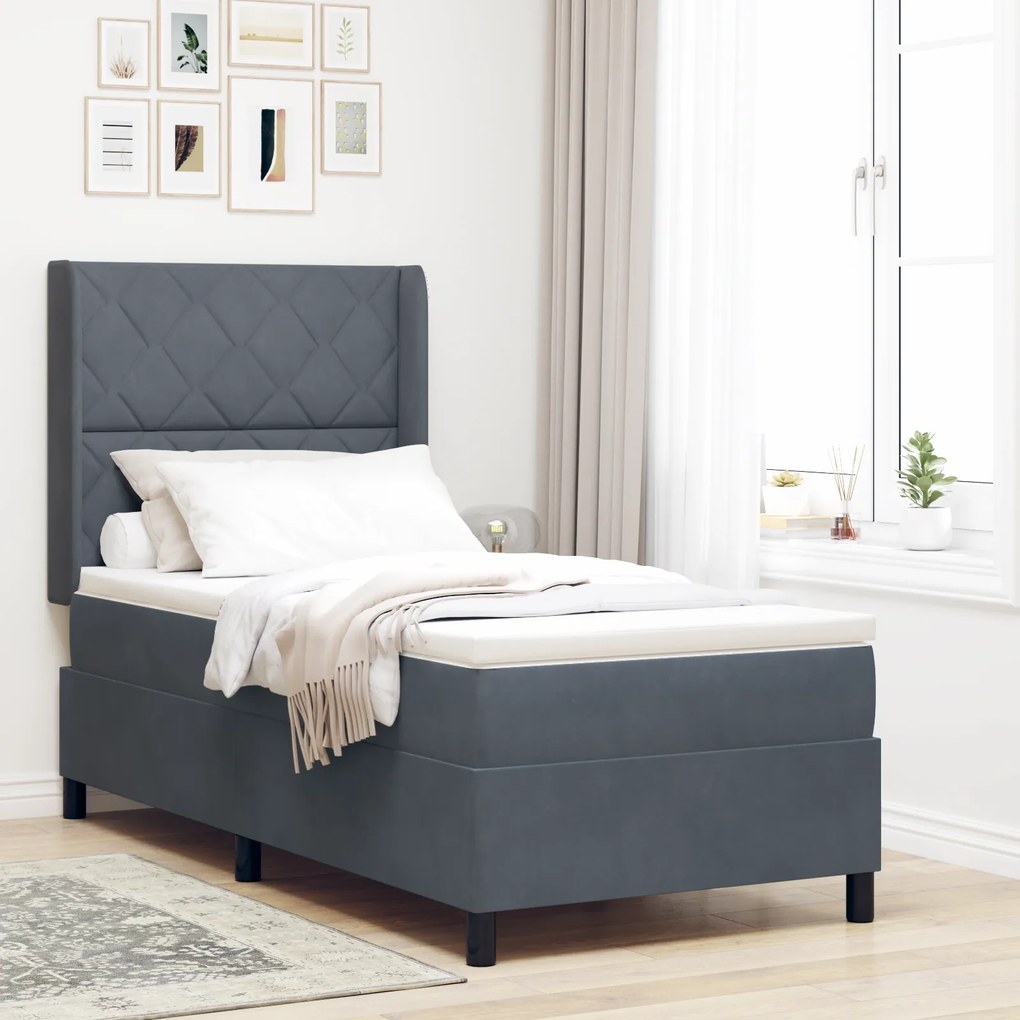 Cama Box com Colchão e LED vidaXL Cinza Escuro 90x190 cm Veludo