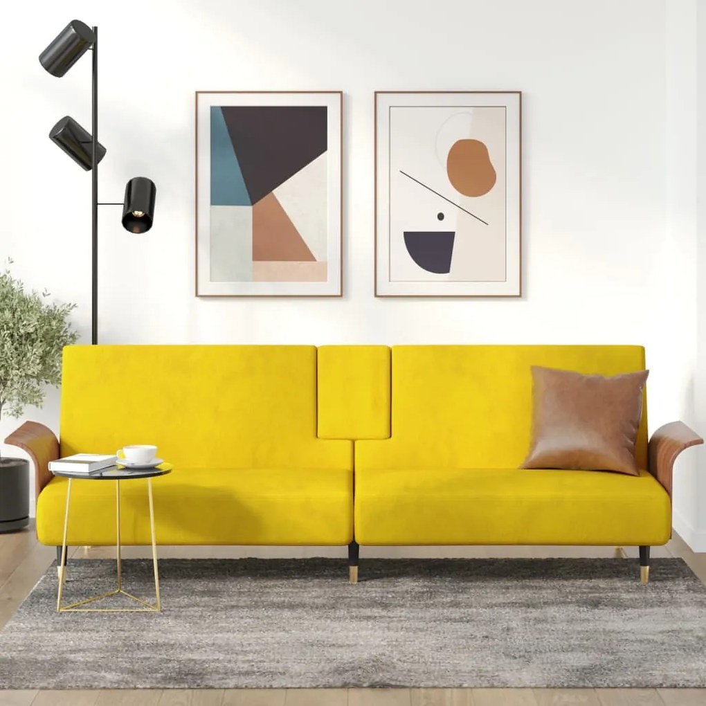351855 vidaXL Sofá-cama com suporte para copos veludo amarelo
