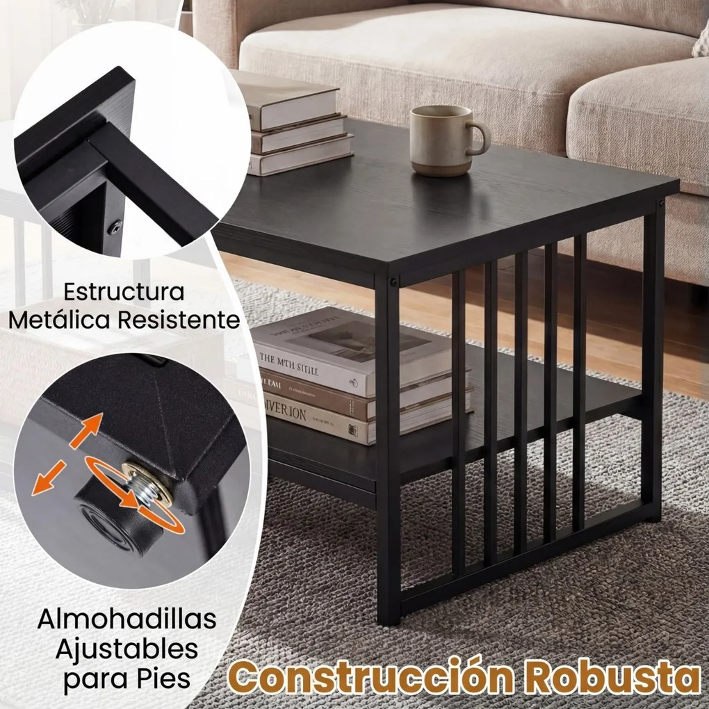 Mesa de centro retangular 110 x 60 x 45 cm com 2 prateleiras de arrumação, Estrutura metálica resistente, mesa moderna para sala de estar Preta