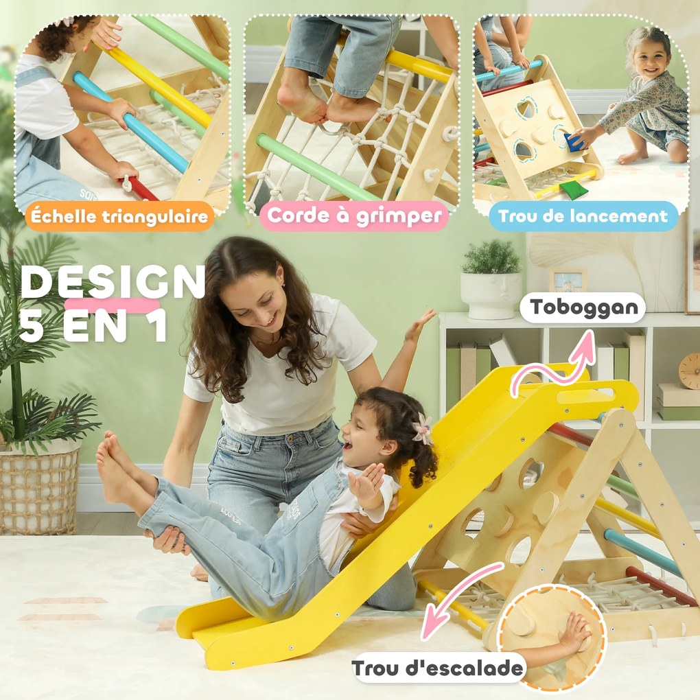 Triângulo de escalada 5 em 1 com escorrega 119 x 63 cm para crianças e percurso de motricidade multicolorido