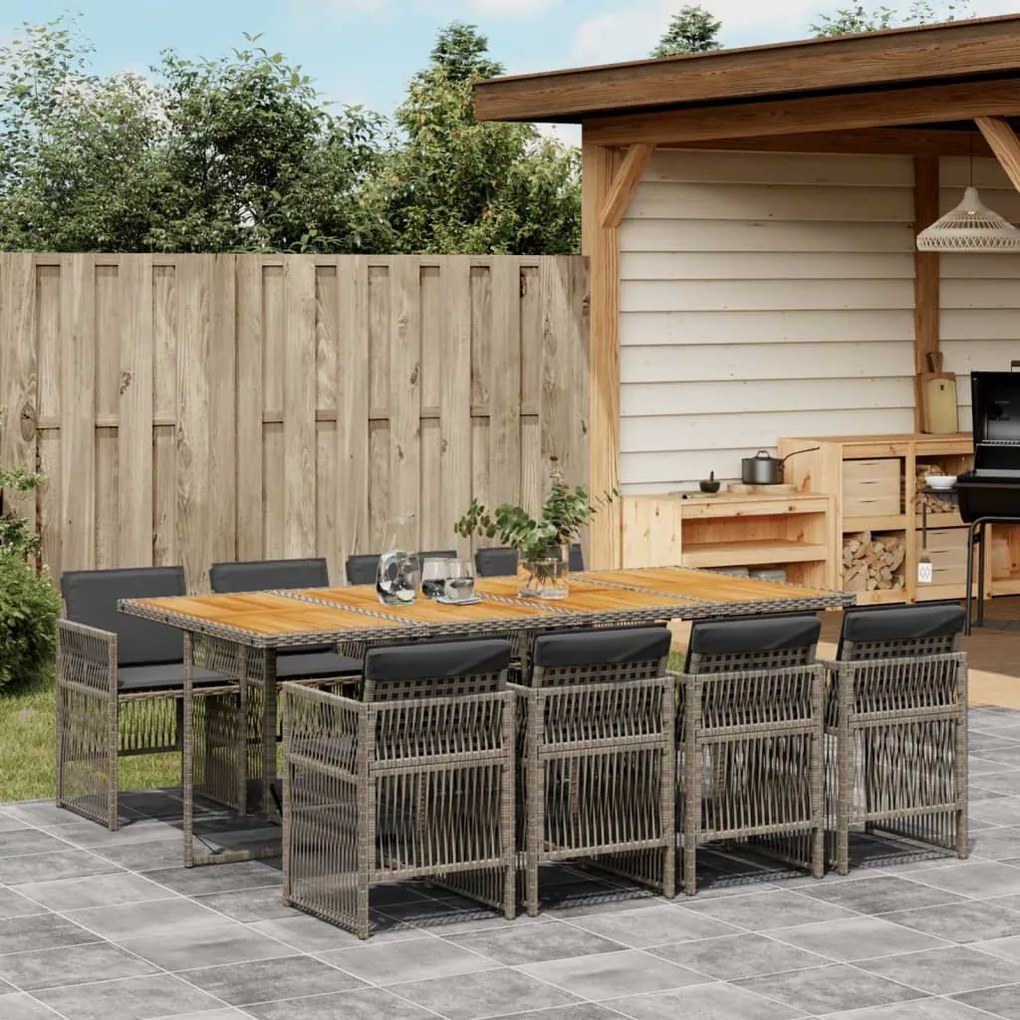 vidaXL 9 pcs conjunto de jantar p/ jardim c/ almofadões vime PE cinza