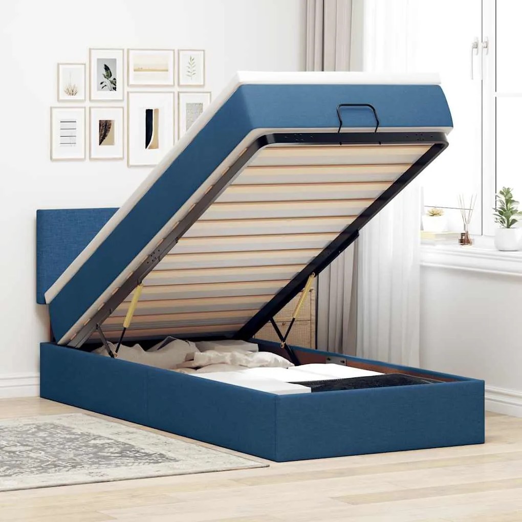 Cama otomana com colchão 90x200 cm tecido azul