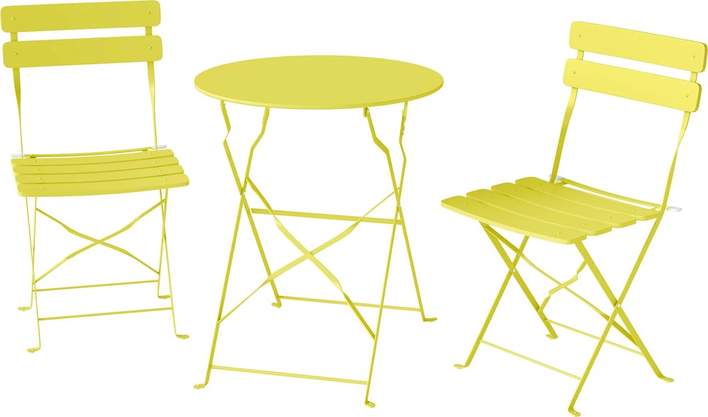 Outsunny Conjunto de Bistrô de Jardim 3 peças Dobrável Mesa Bistrô com 2 Cadeiras Assento em Ripas Pernas em X Duplas Amarelo | Aosom Portugal