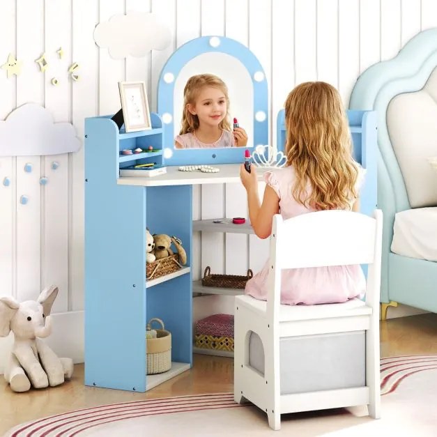 Toucador infantil de canto com luzes e cadeira princesa com 3 estantes de armazenamento 5 compartimentos abertos Acessórios Branco e Azul