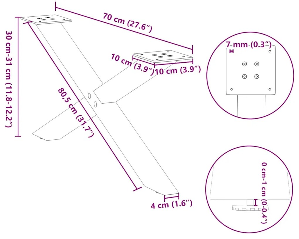 Pés para mesa de centro em formato de X, 2 peças, antracite, 70x(30-31