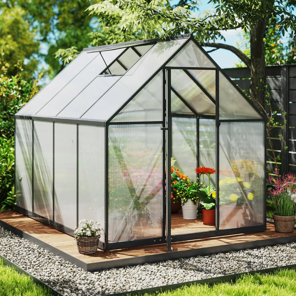 Estufa exterior com cobertura 250 x 190 x 195 cm em PBF, estrutura em liga de alumínio, claraboia ajustável preta