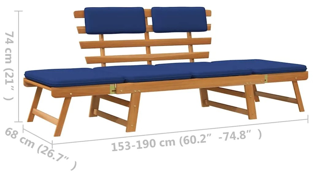 Banco de jardim com almofadões 2-em-1 190 cm acácia maciça