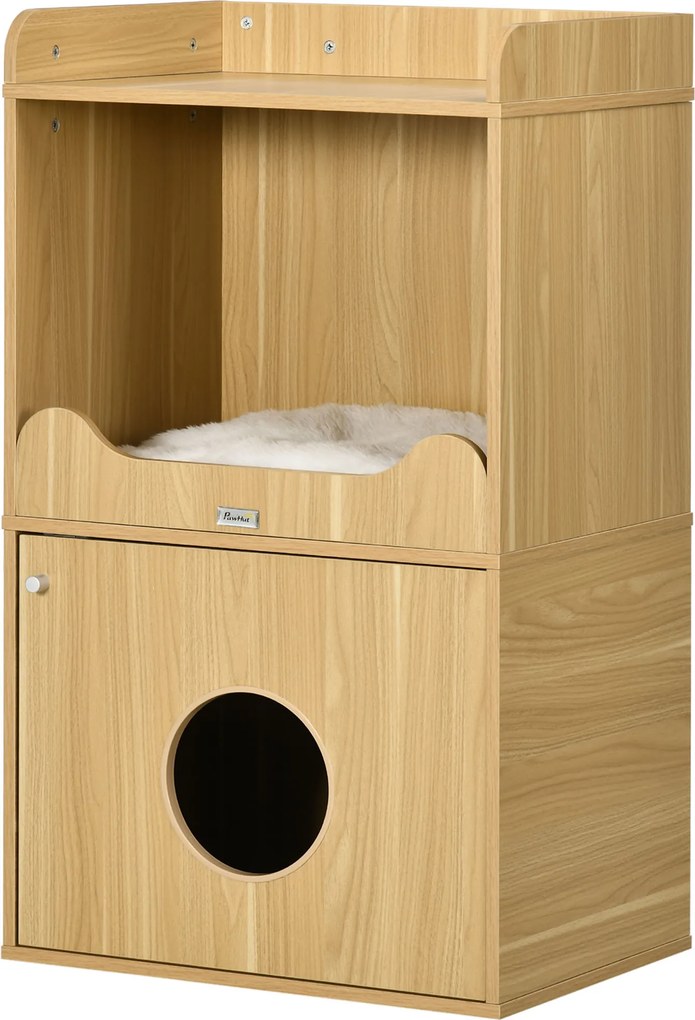 Casa de higiene para gatos com 3 níveis, compartimento fechado por uma porta,1 almofada, 60 x 45 x 103 cm