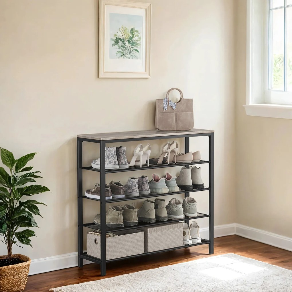 Sapateira com 4 níveis de grelha 30 x 100 x 92,5 cm e superfície espaçosa para bolsas, área de entrada cinza-preto