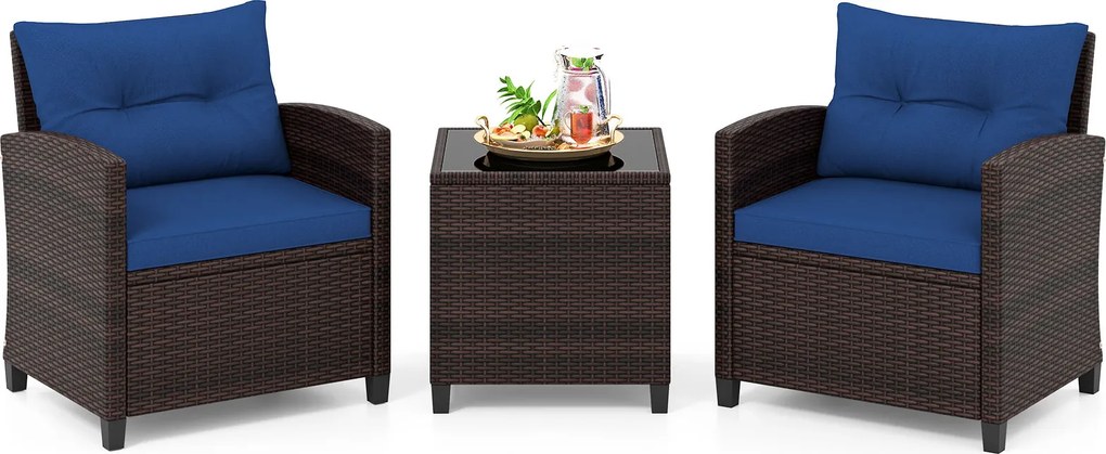 Conjunto jardim de 3 peças: cadeiras de rattan e mesa com tampo de vidro temperado. Mobiliário de exterior em vime para pátio, Castanho com almofadas