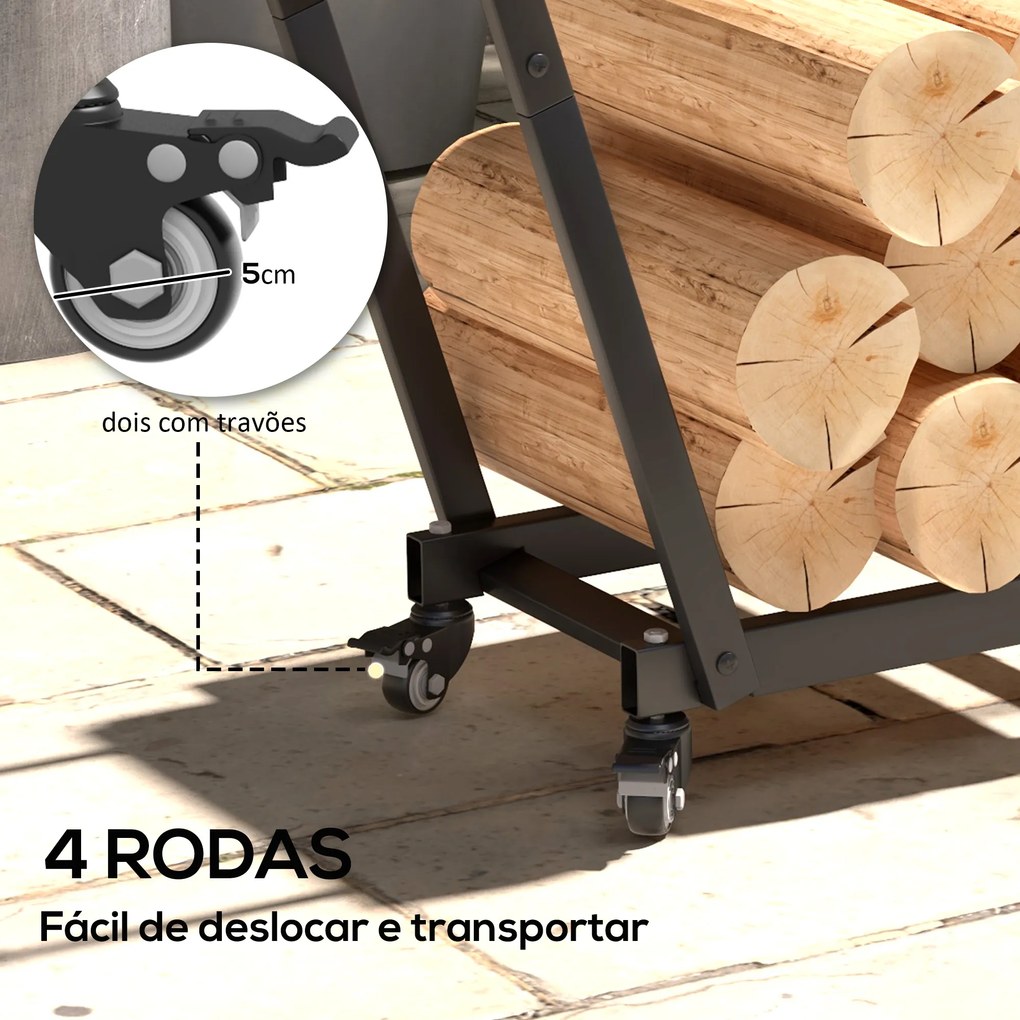 Suporte para Lenha Metálico Lenheiro de Exterior com Rodas e Gancho para Interior e Exterior Carga 50 kg 79x30x81 cm Preto