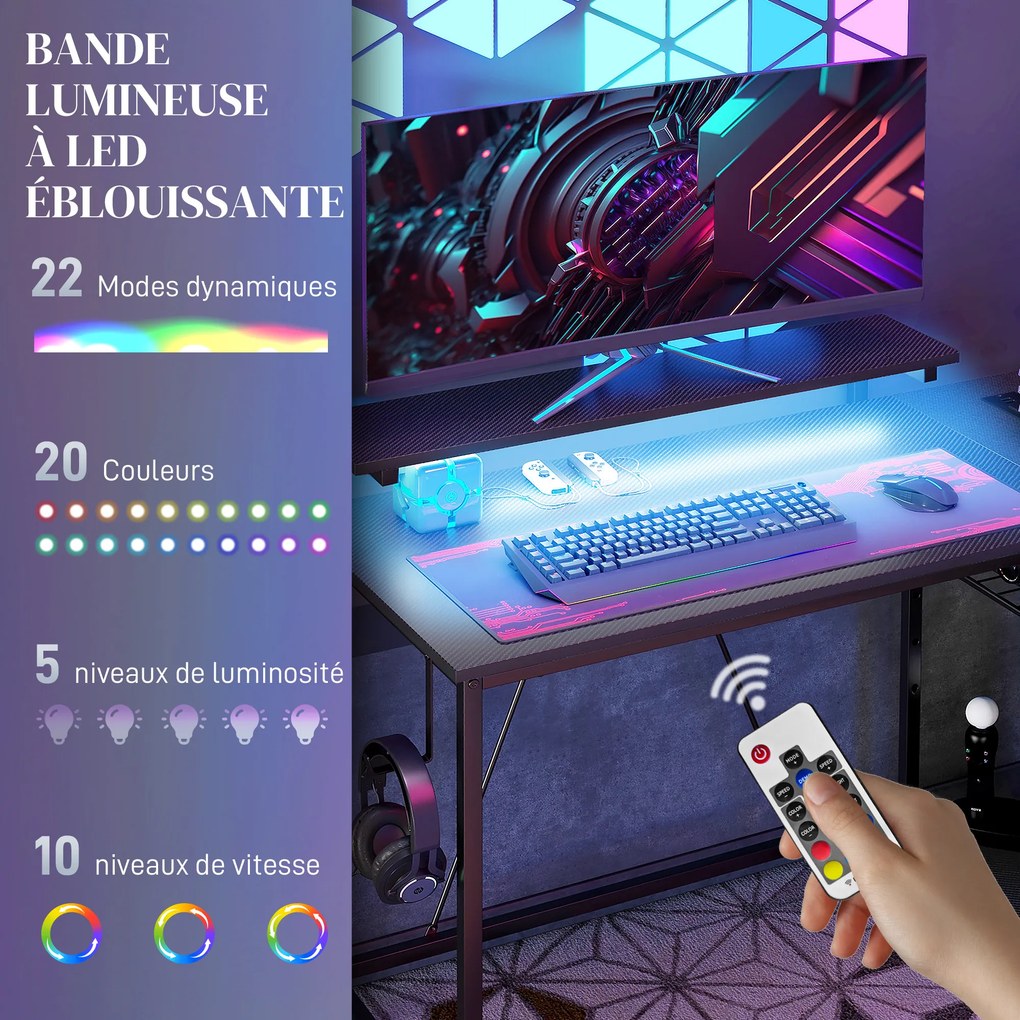 Secretária de canto reversível, secretária para computador com LED, 2 tomadas e 2 portas USB e cesto ajustável, 107 x 80 x 90 cm, preto