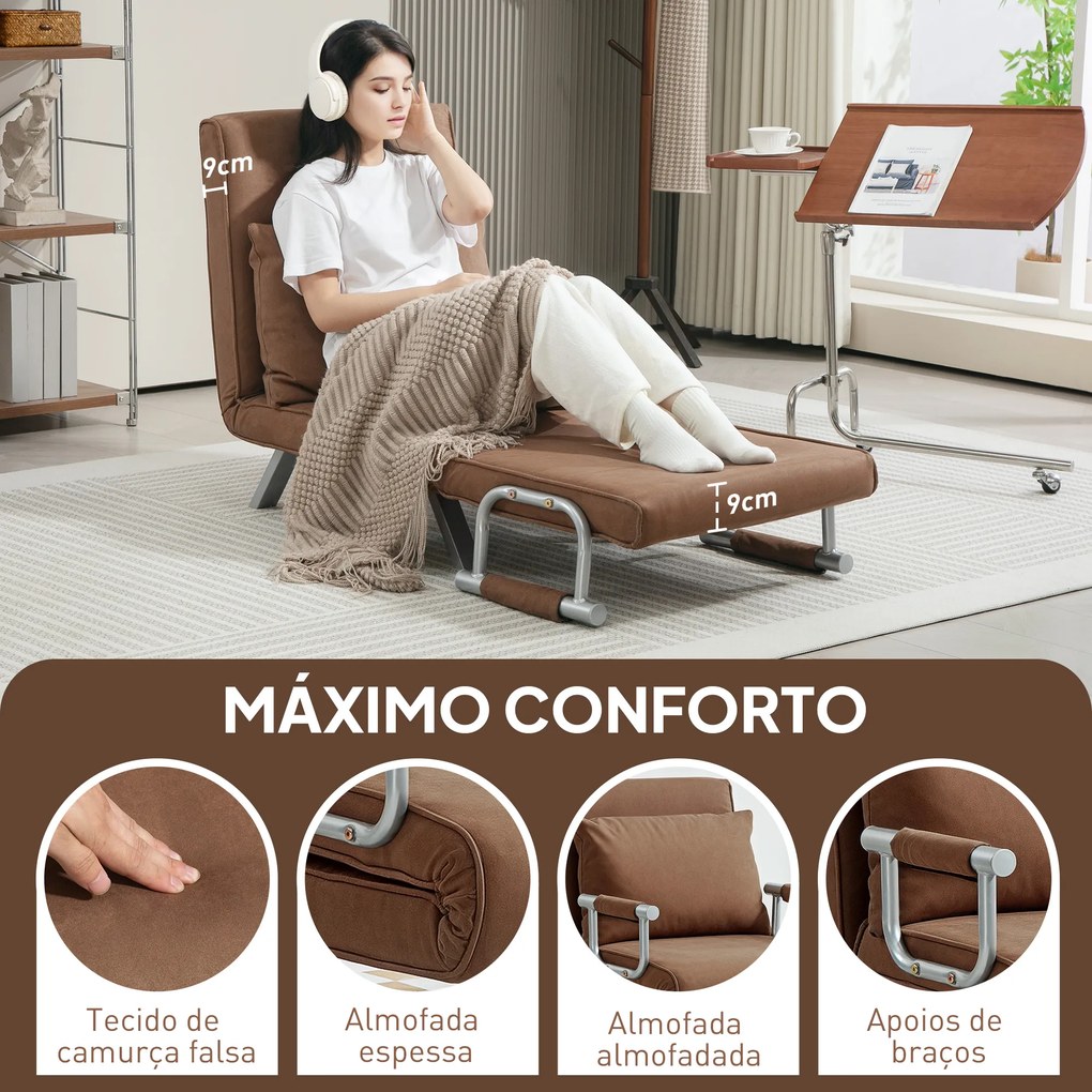 Sofá Cama Individual Sofá Cama Individual Sofá Reclinável com Almofada para Sala Quarto Carga 100 kg 65x69x80 cm Castanho