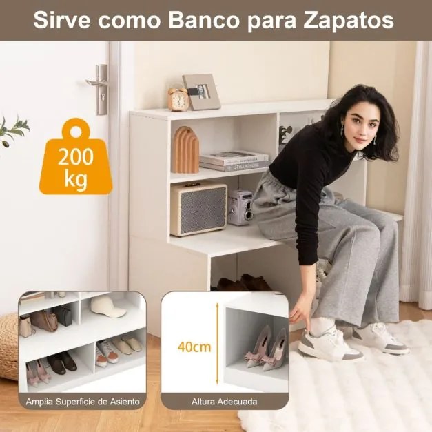 Combinação de banco e sapateira 2 em 1 com 6 cubos abertos antiderrapantes 120 x 50 x 90 cm Branco