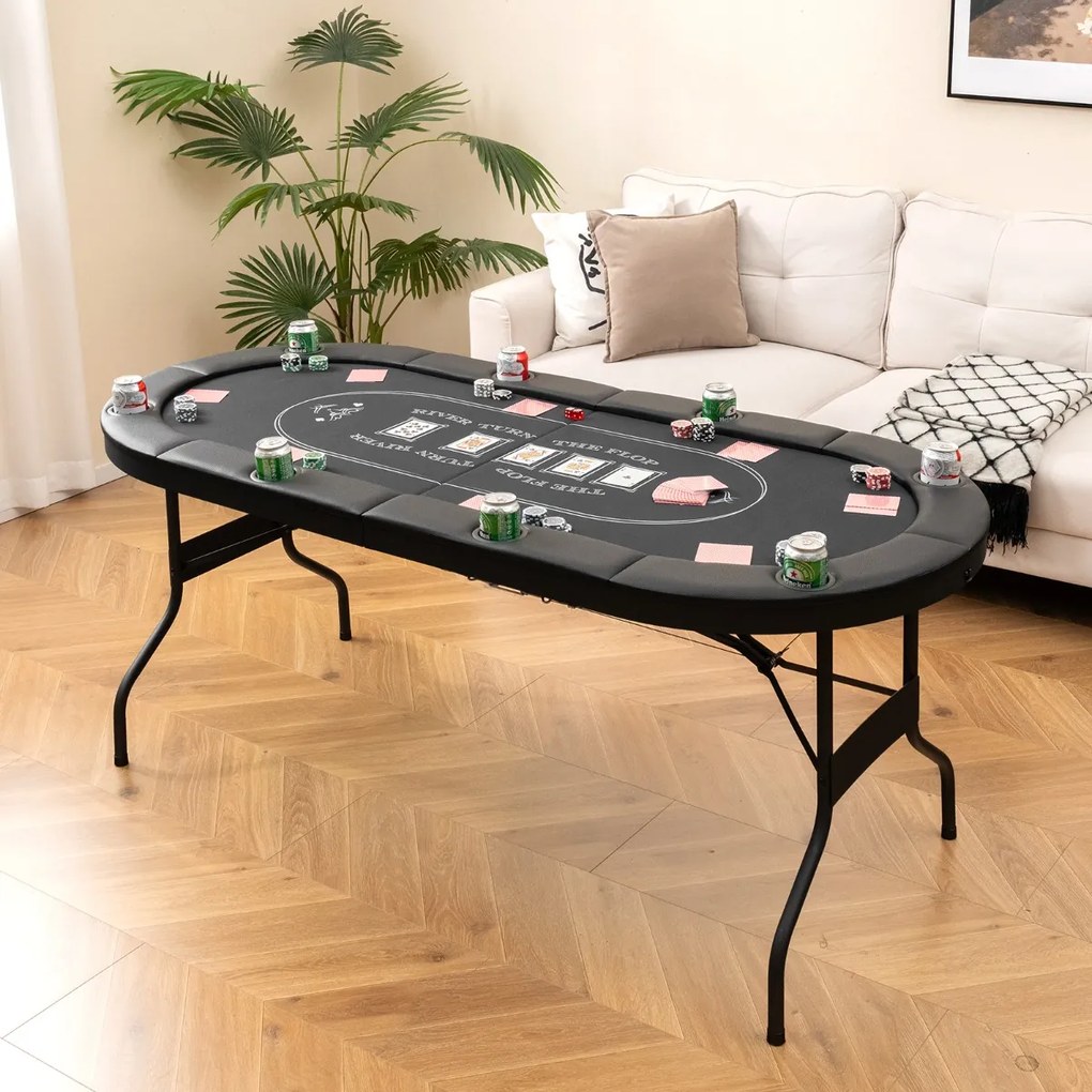 Mesa de póquer dobrável de 182 cm para 8 jogadores oval portátil para jogos com porta-copos e grades acolchoadas para casa Preto