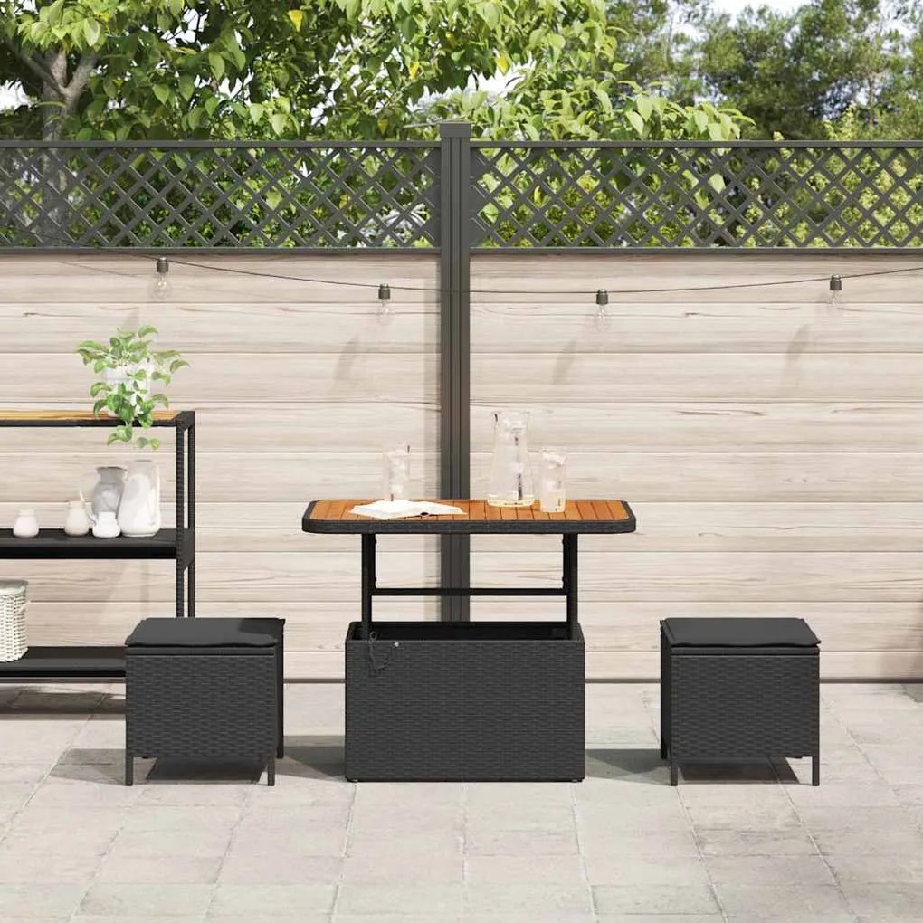 Conjunto de Jantar para Jardim de 3 Peças com Almofadas Preto Rattan P
